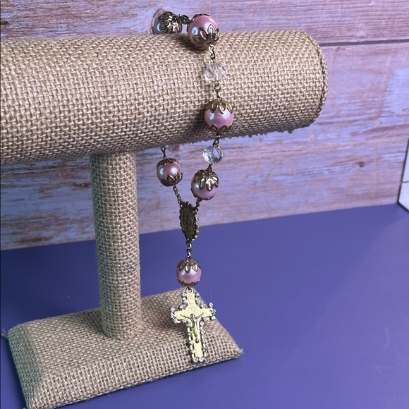 Jewelry - Elegant Pink and Gold Beaded Rosary Bracelet